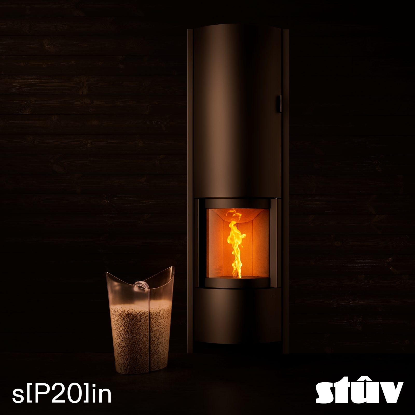 Stûv sP20-in encastré dans un mur sombre avec le bac à pellets Pellet Twin Set
