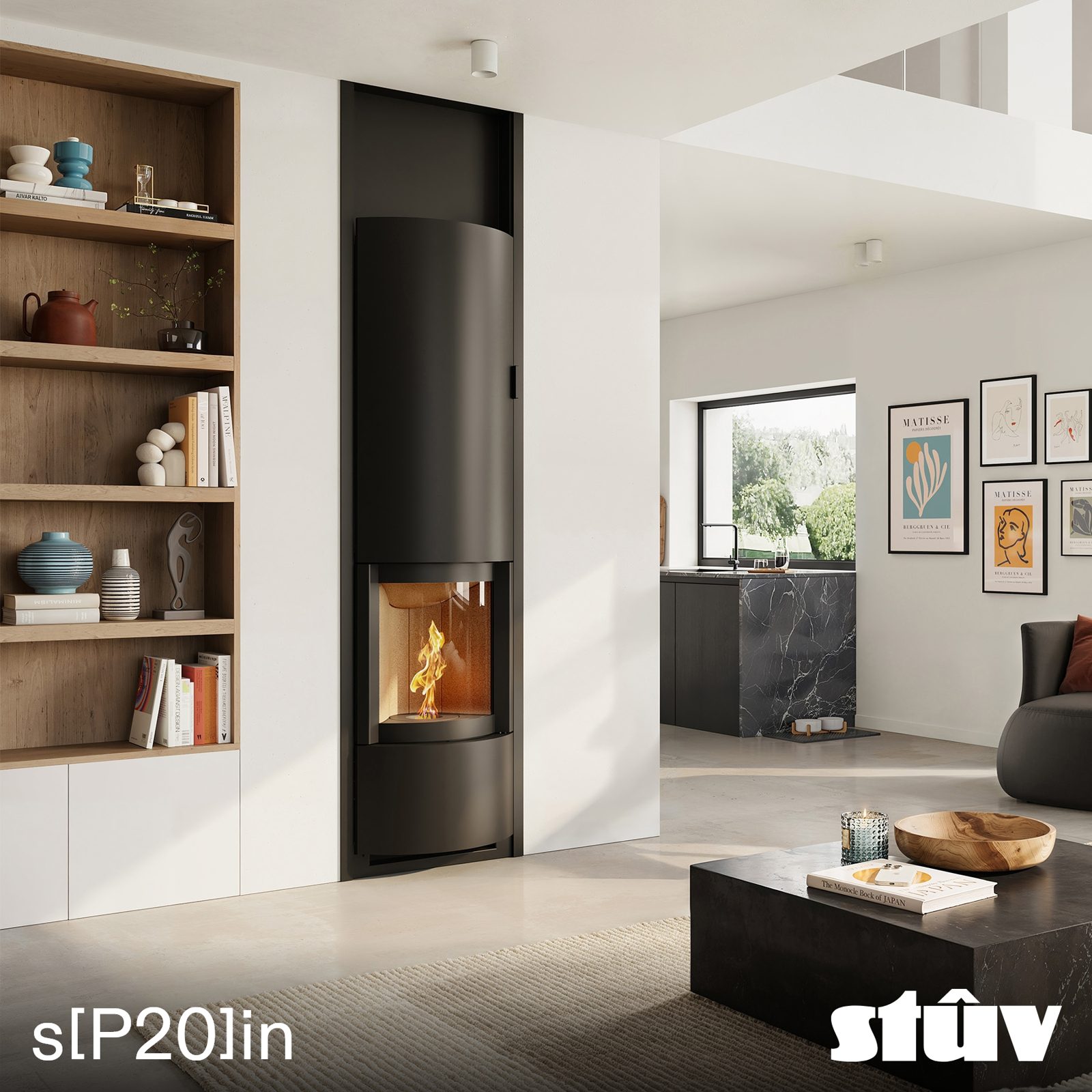 Insert à pellets Stûv sP20-in avec montants rehausse jusqu'au plafond, séjour de jour