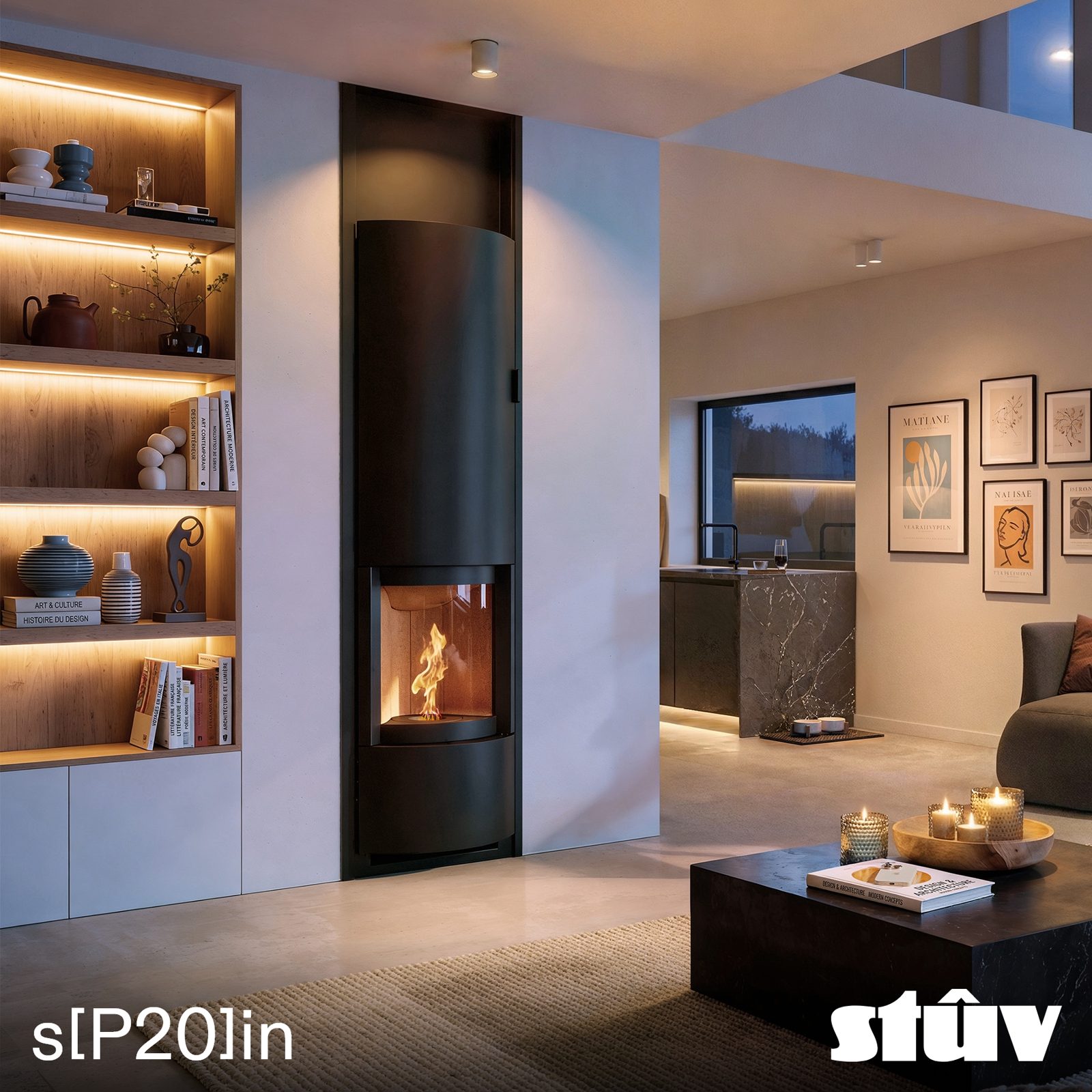 Insert à pellets Stûv sP20-in avec rehausse, ambiance du soir