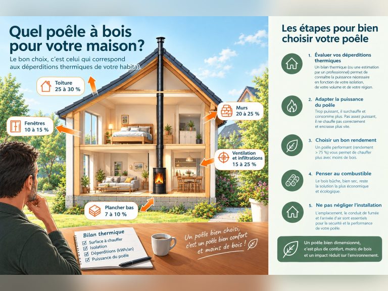 Calculer la puissance de son poêle : déperditions thermiques d'une maison, toiture 25 à 30 %, murs 20 à 25 %, ventilation 15 à 25 %, fenêtres 10 à 15 %, plancher bas 7 à 10 %