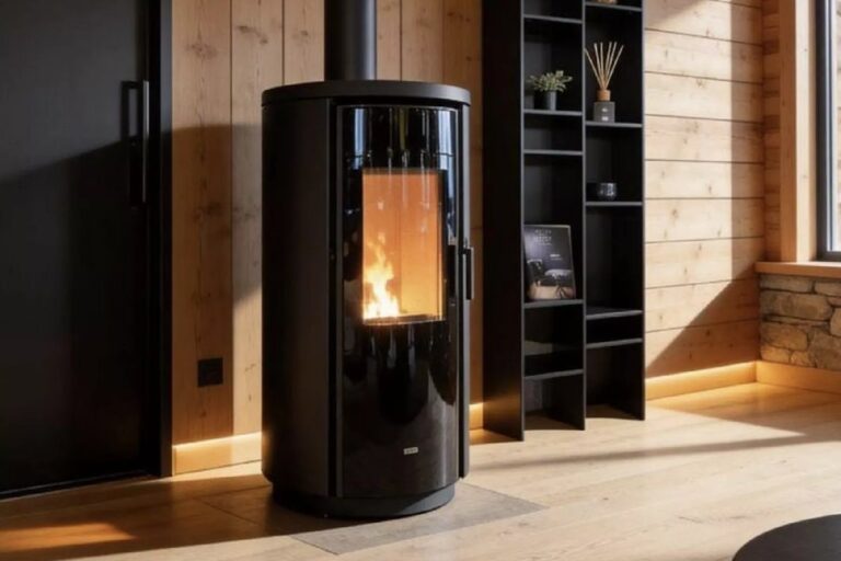 Poêle à granulés étanche Klover One 8, finition noir mat, avec sortie de fumées haute concentrique